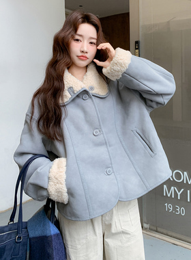 浅蓝色双面穿皮毛一体羊羔毛外套女2025冬季新款超火爆款加绒棉服