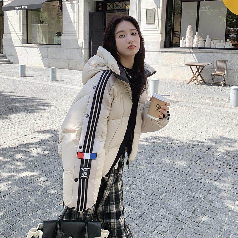 白色90白鸭绒条纹连帽贴标短款羽绒服女2024冬季新款加厚保暖外套