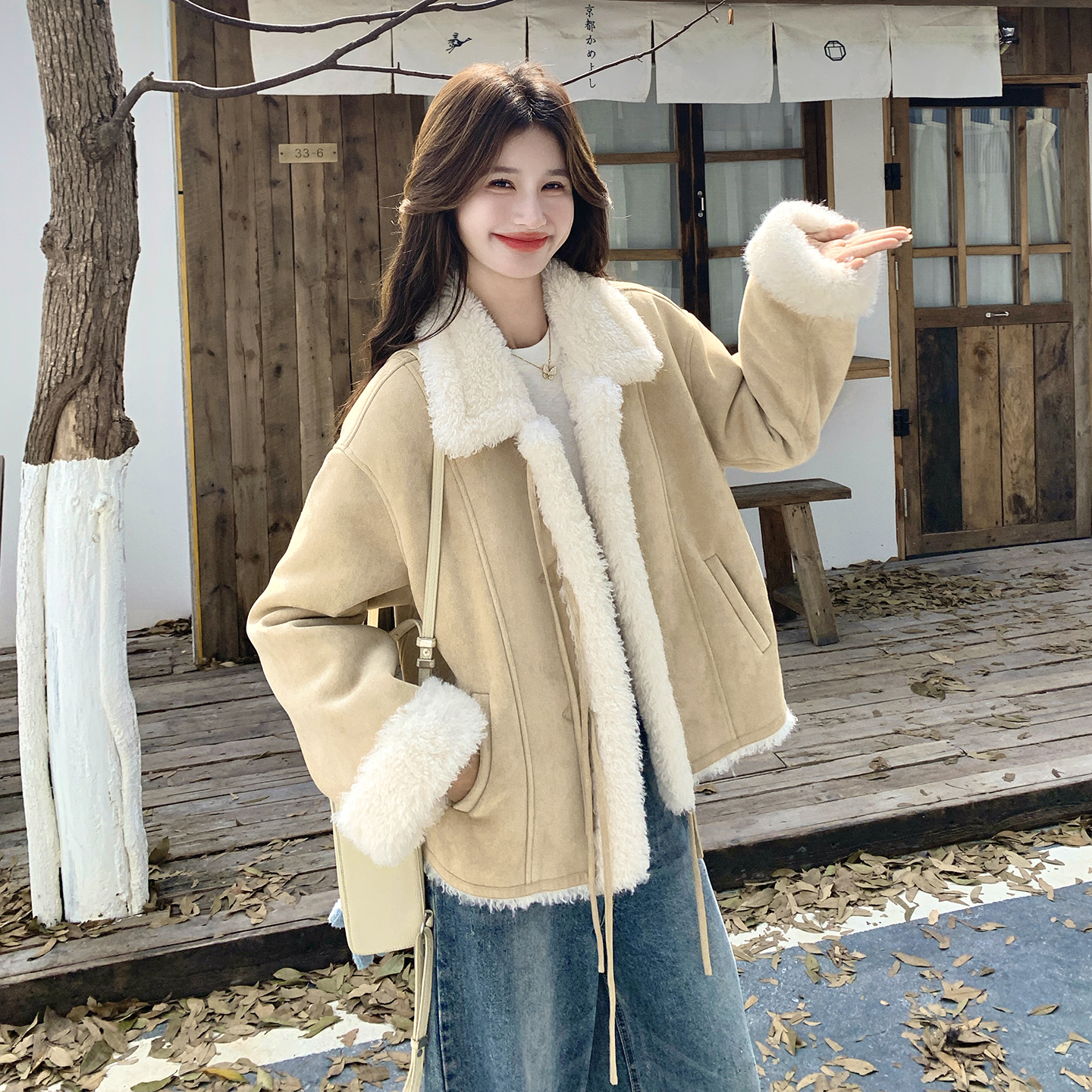 卡其色小个子韩版宽松羊羔毛外套