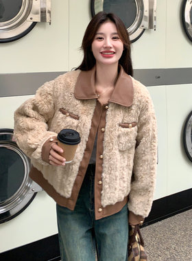 小个子短款甜美仿兔毛羊羔毛棉衣