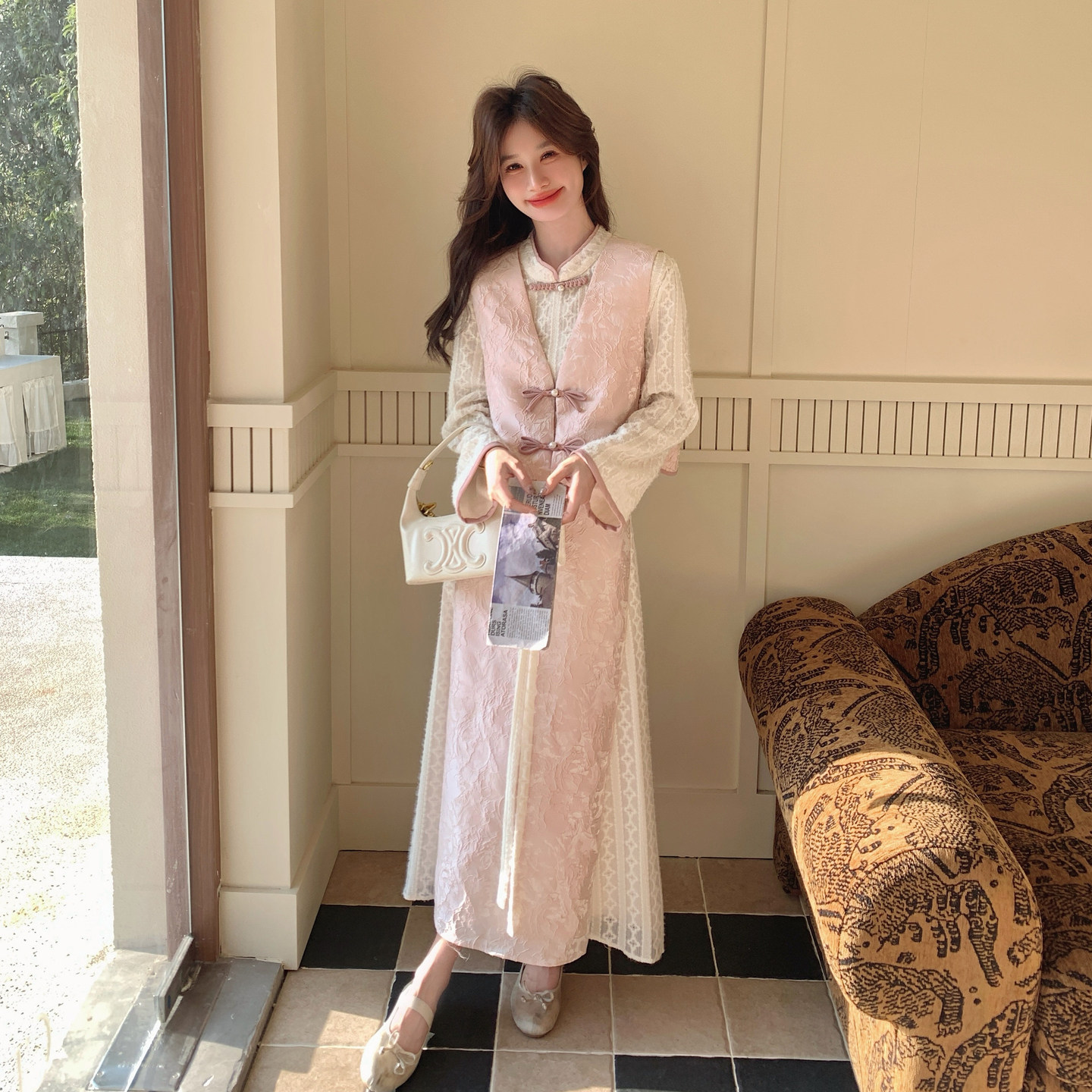 粉色新中式国风提花套装裙女2026春季新款打底衫马甲半身裙三件套
