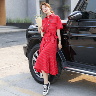 红色学院风复古格子衬衫连衣裙女2025年夏季新款显高显瘦鱼尾长裙