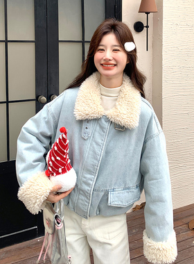 浅蓝色超火爆款羊羔毛牛仔羽绒服女2025冬季新款90白鸭绒保暖外套