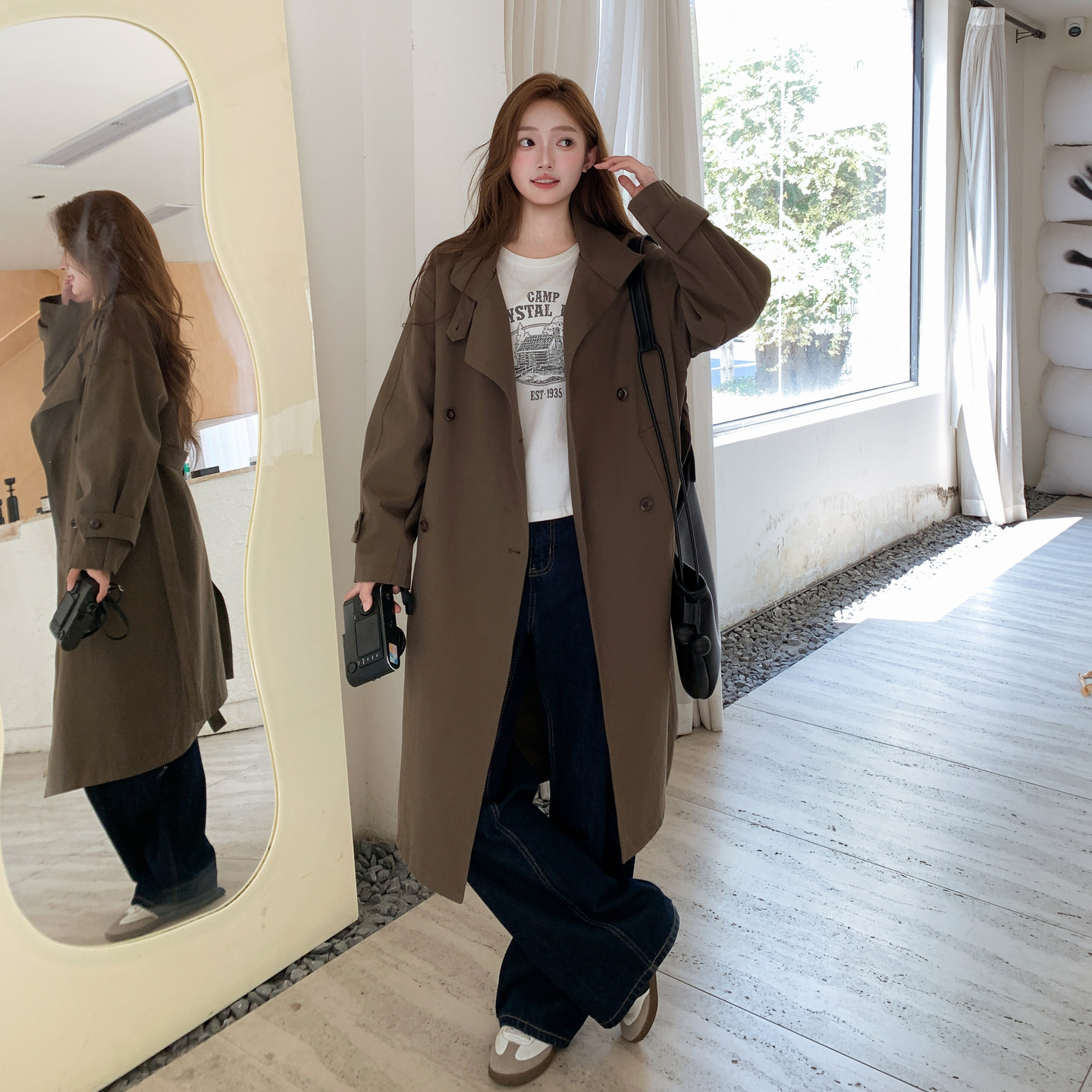 咖色韩版时尚系带收腰风衣外套女2026春季新款复古时髦感长款大衣