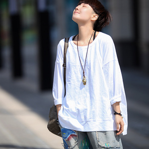 飘异第939个清晨原创春季新品宽松中长款蝙蝠袖圆领纯色长袖T恤女