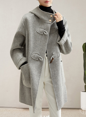 戎rm【DY1122332】英伦范连帽牛角型扣手工双面全羊毛大衣