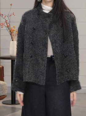 【千金马德琳】立体马海毛圈圈纱羊毛立领双排扣短外套