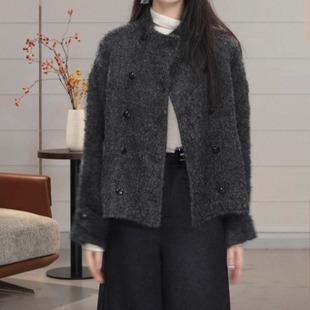 立体马海毛圈圈纱羊毛立领双排扣短外套 千金马德琳