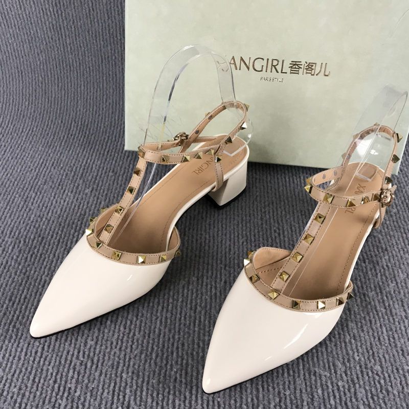 XANGIRL/香阁儿女鞋断码撤柜夏季一字扣带时尚铆钉真羊皮包头凉鞋