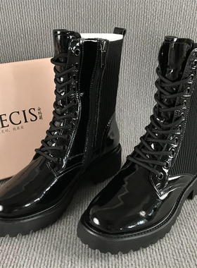 安玛莉正品断码撤柜处理女靴厚底防滑英伦马丁靴系带真皮中筒靴冬