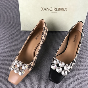 小香風(fēng)水鉆粗跟樂(lè)福鞋 品牌XANGIRL 香閣兒斷碼 撤柜春夏淺口單鞋 女