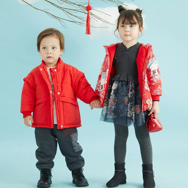 三木比迪女童外套中长款红色棉服图片