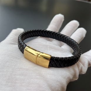 男款手绳编织扁皮绳手镯简约大气手链宽皮绳男士黄金色扣黑皮绳