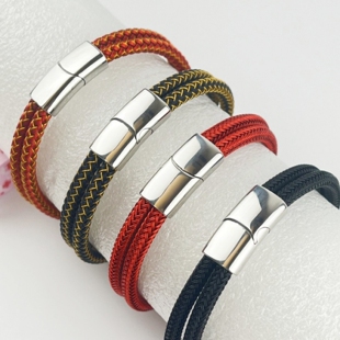 男士黄金手绳手链双圈双层可穿珠5mm钢丝绳半成品龙鳞绳银色扣子