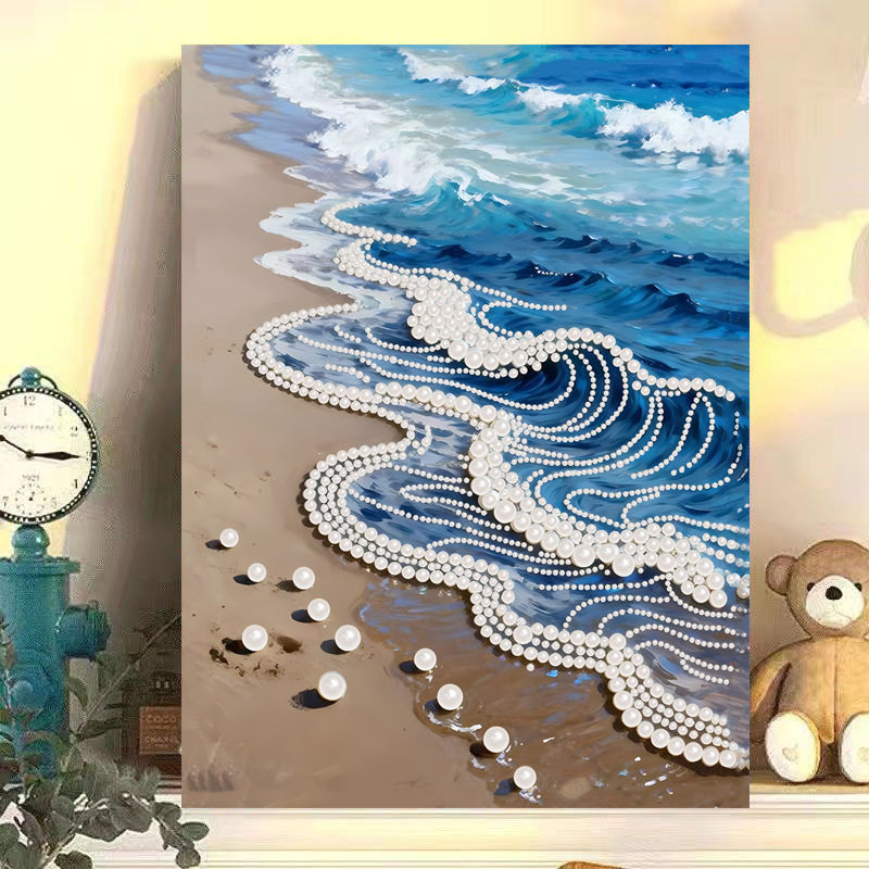 爆款现代时尚粘珠画小幅风景蓝色海滩城堡简单解压贴钻石绣珍珠画