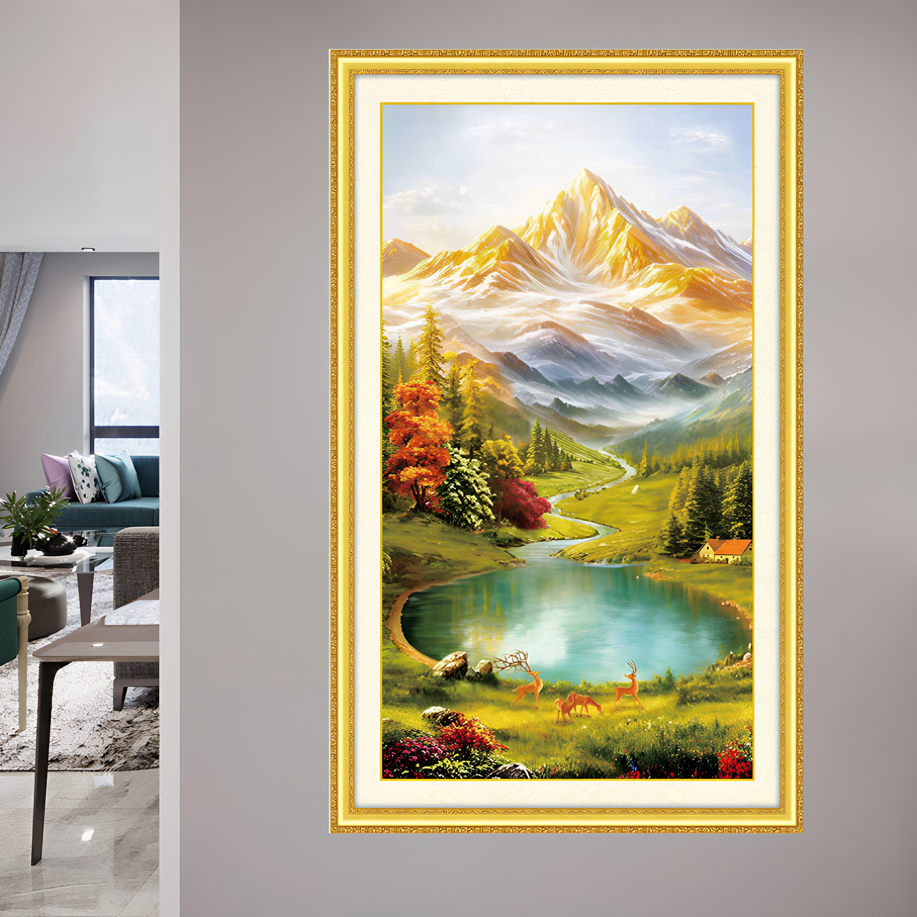 KS色系新款客厅玄关风景办公室挂画背靠金山聚宝盆满绣印花十字绣