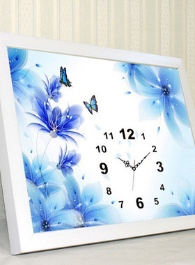 KS色系新款客厅卧室玄关挂钟表蓝色蝴蝶简约现代满绣手工贴钻石画