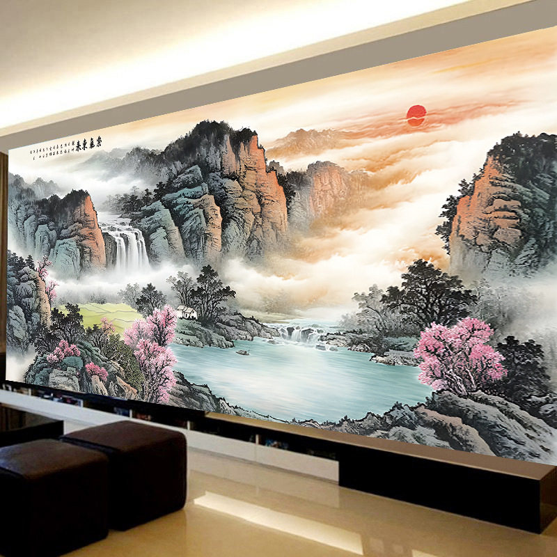 KS色系新款客厅中式山水国画紫气东来流水生财聚宝盆手工绣十字绣