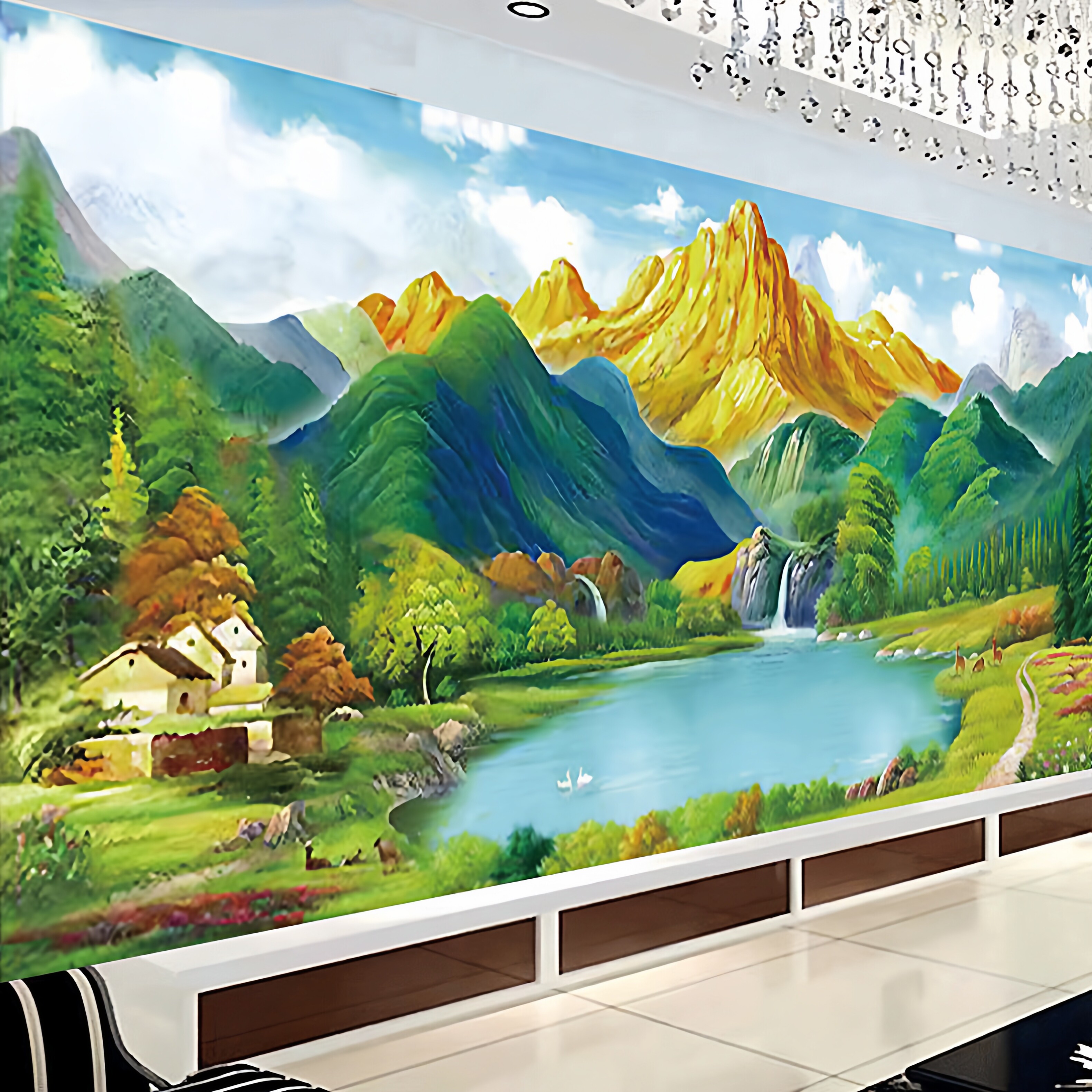 KS色系新款客厅大幅山水风景画聚财金山聚宝盆生财有道满绣十字绣