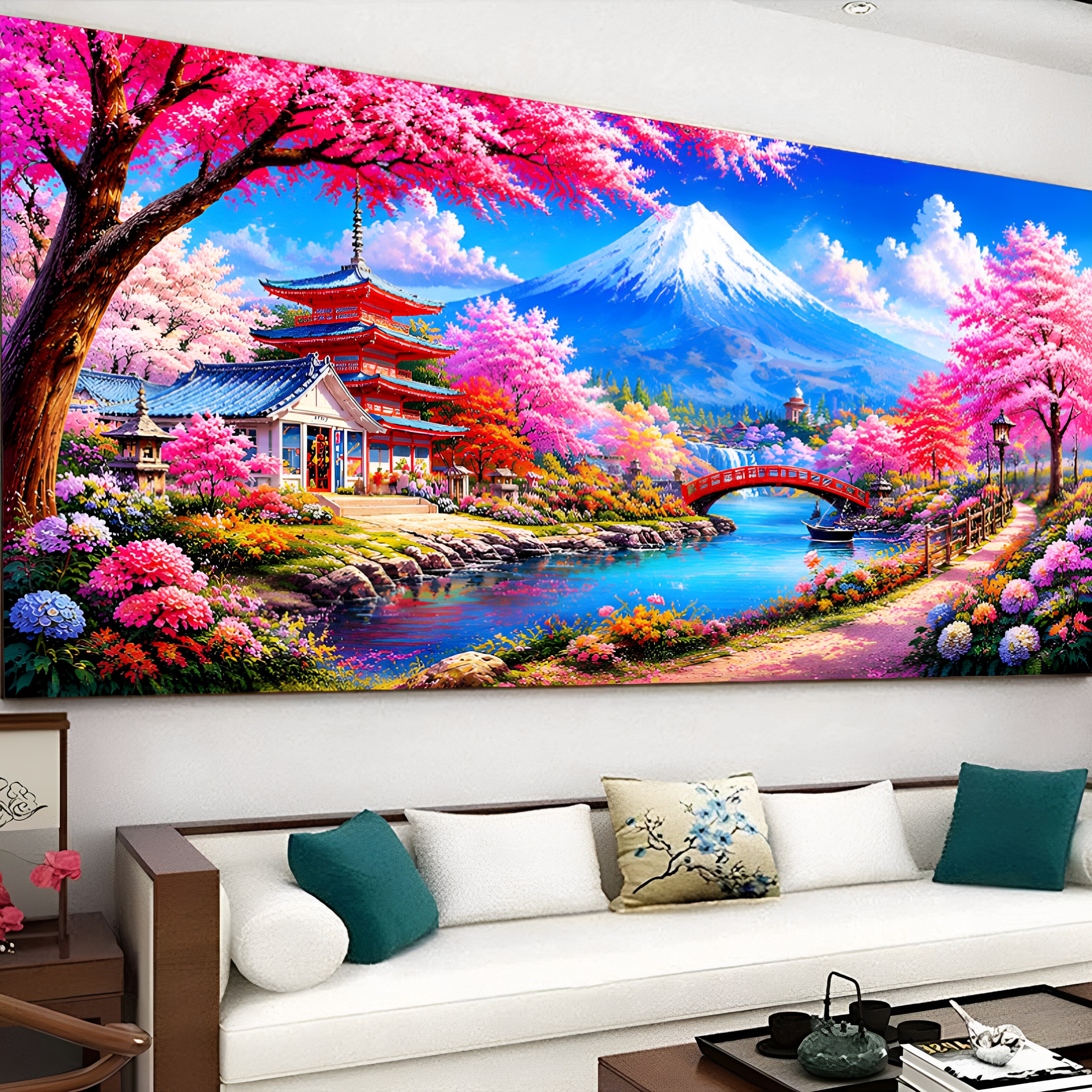 KS色系新款客厅风景山水画桃溪望山樱花树富士山满线绣印花十字绣