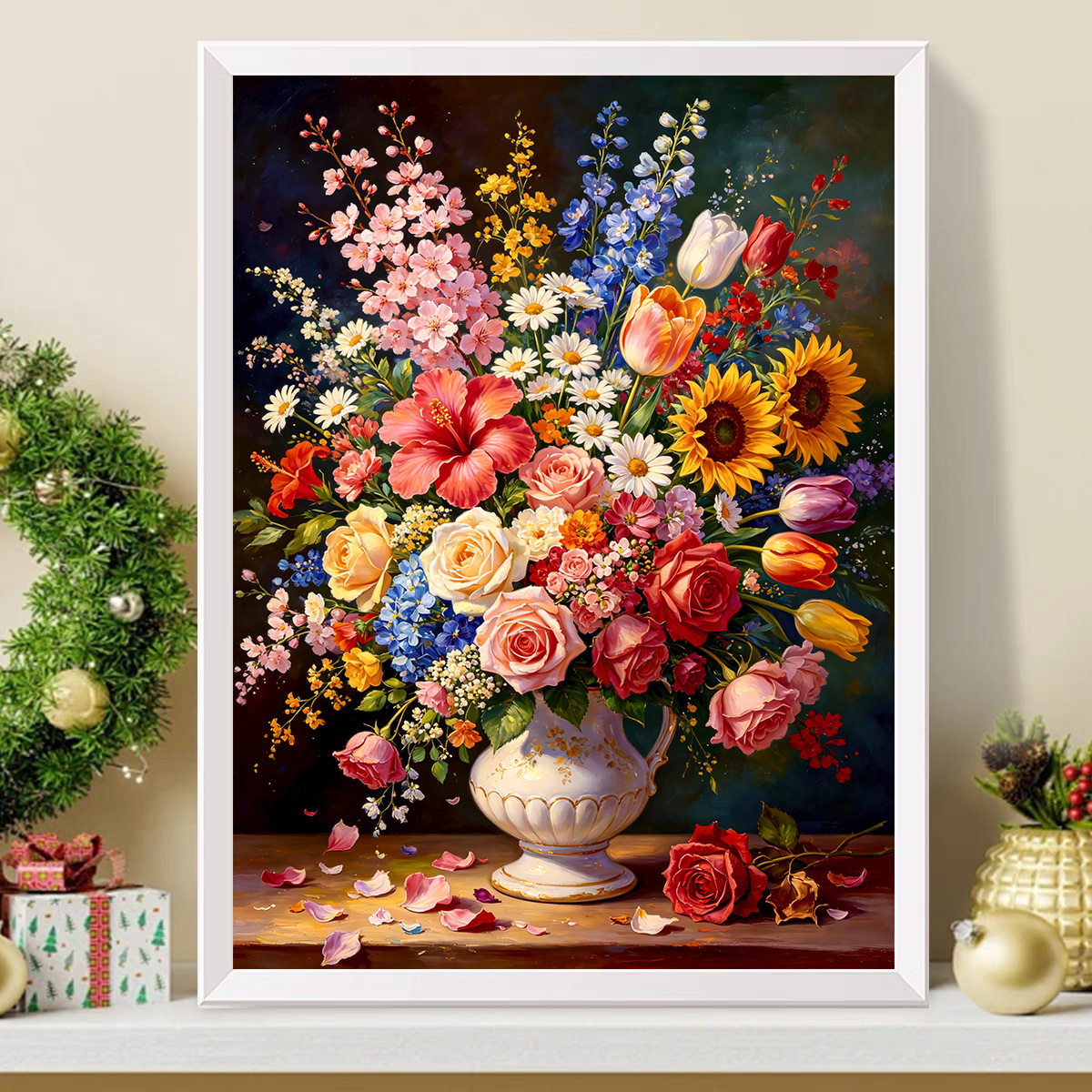 KS色系新款客厅卧室大幅花瓶百花争艳跨境外贸手工满绣印花十字绣