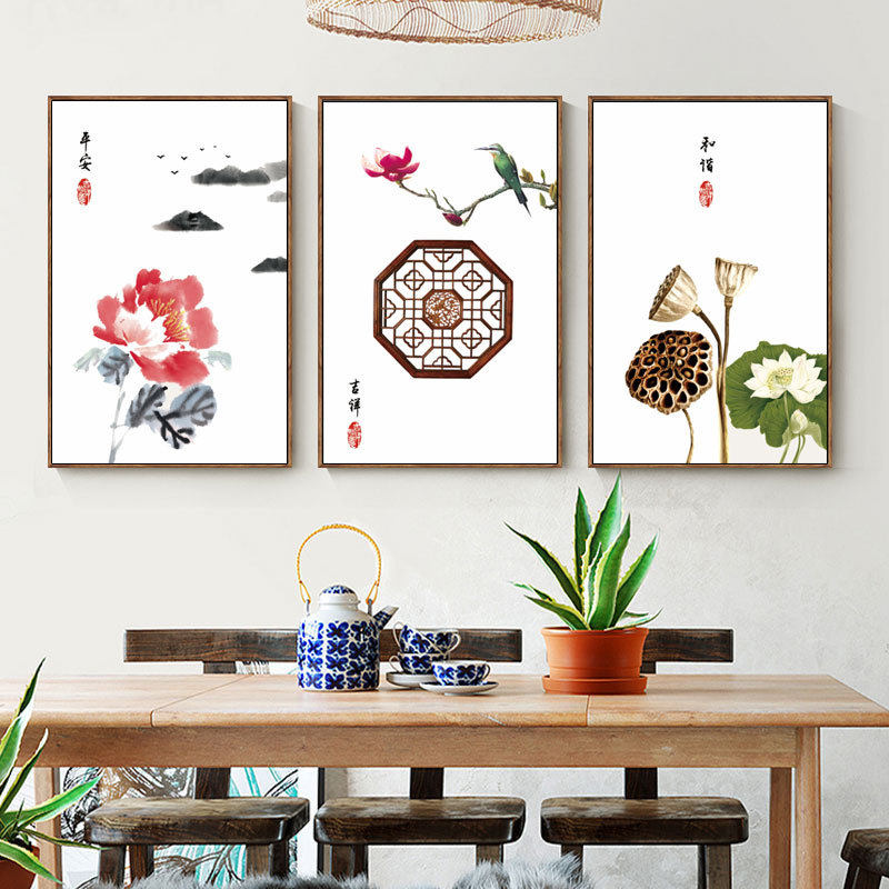 KS色系新款客厅书房风景三联画水墨牡丹清新荷花简约现代十字绣
