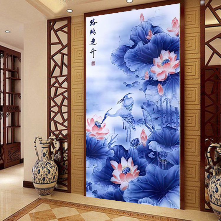 KS色系新款客厅玄关竖版路路连升蓝色莲花荷叶仙鹤金丝布十字绣