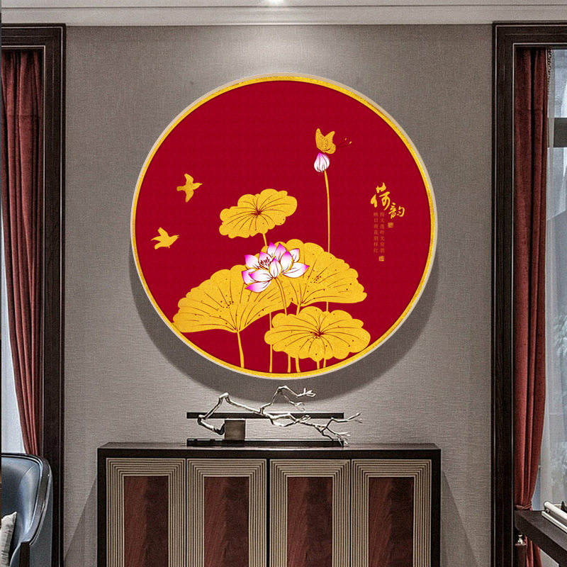 ks书房荷韵风红色圆形印花十字绣