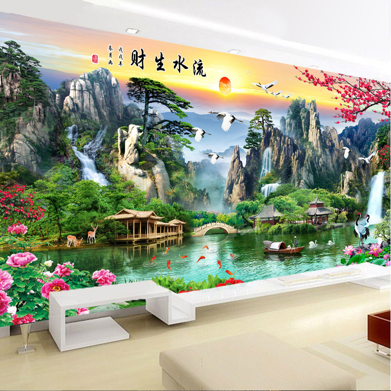 ks新款客厅风景流水生财十字绣