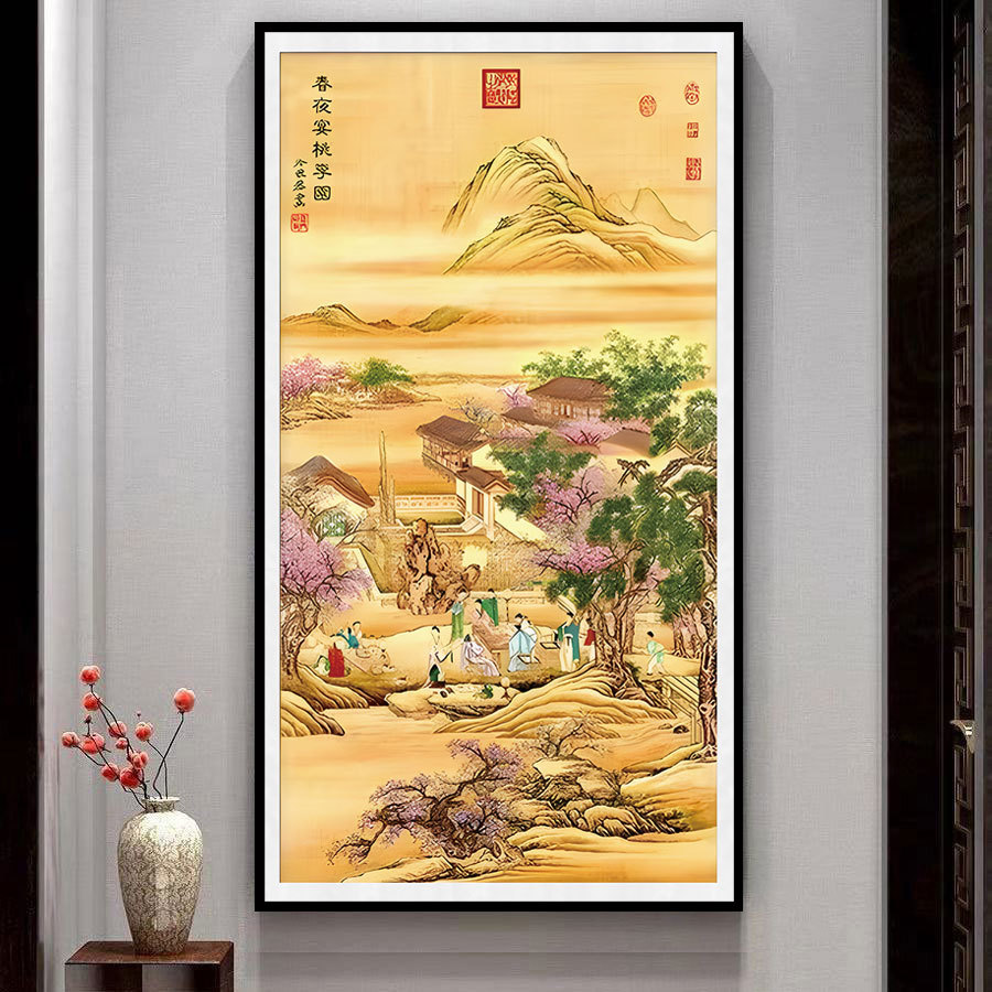 KS色系新款客厅玄关竖版春夜宴桃李图古绢布人物风景满线绣十字绣