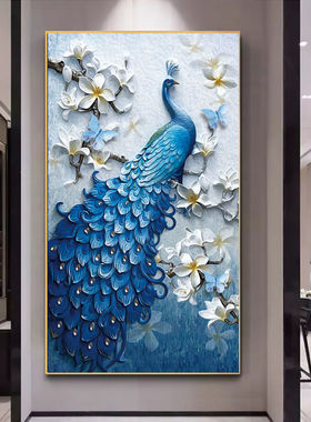 KS色系新款客厅卧室大幅蓝色孔雀竖版白玉兰花满绣手工印花十字绣