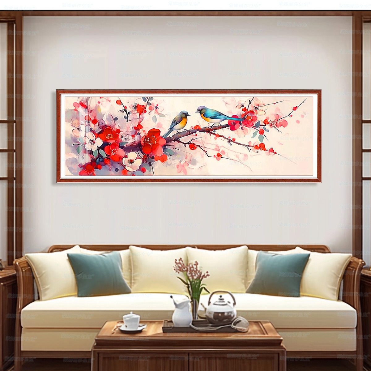 KS色系新款客厅卧室喜庆喜上枝头喜鹊新中式挂画手工满刺绣十字绣