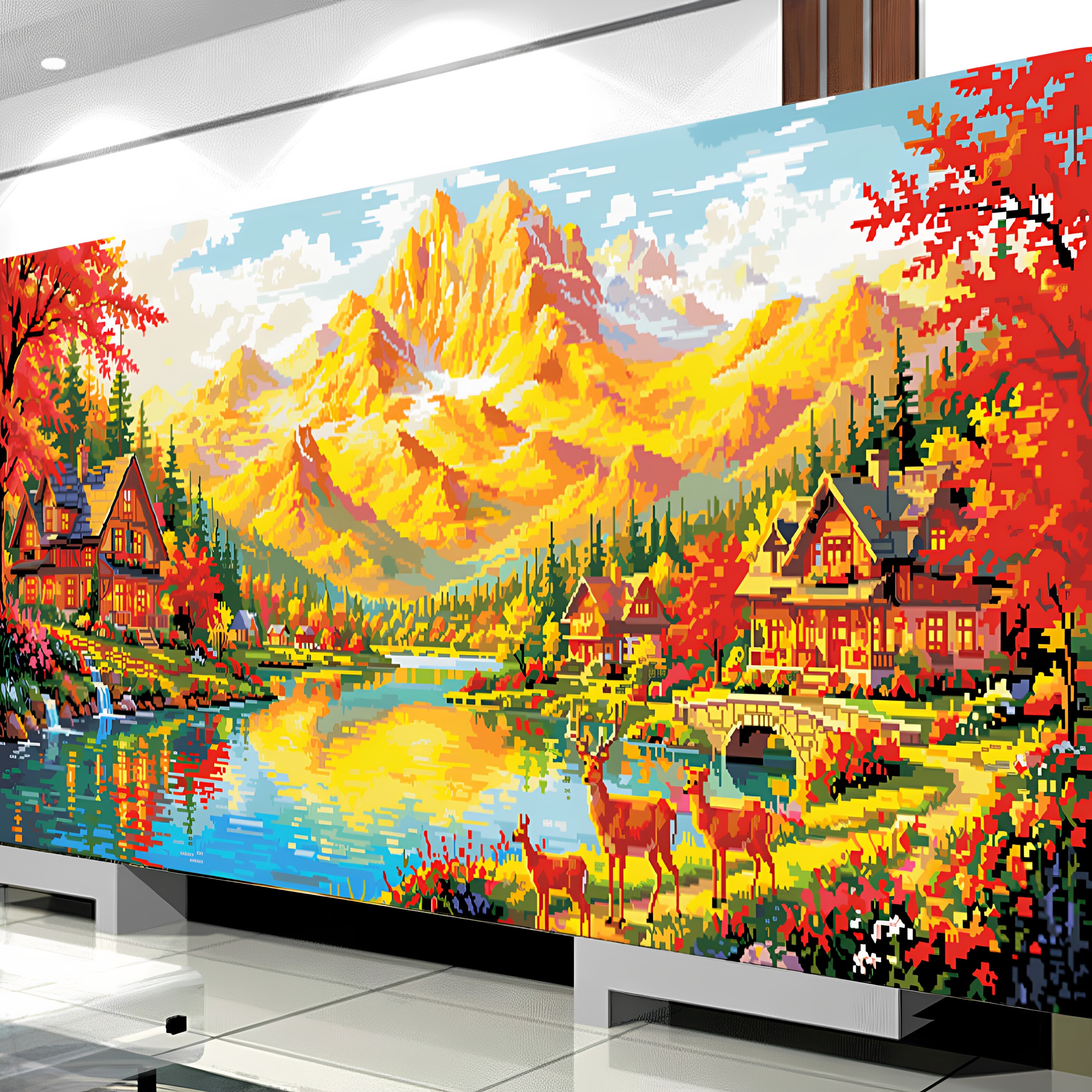 KS色系新款客厅大幅山水风景画日照金山福禄聚宝盆麋鹿满绣十字绣