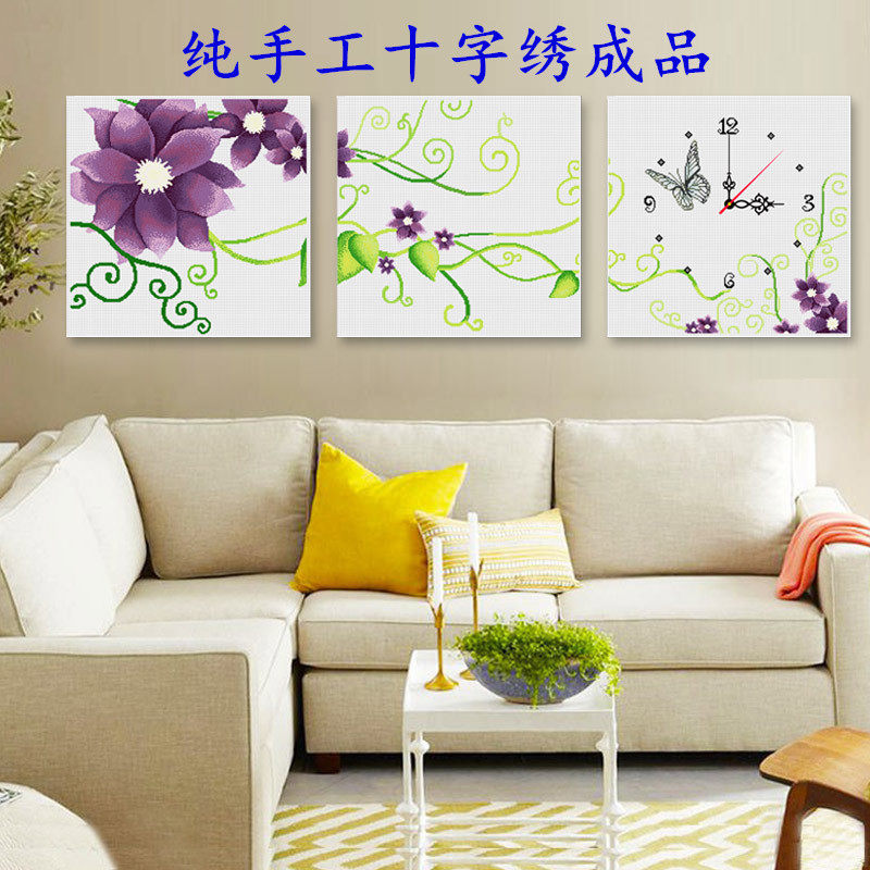 KS色系新款客厅大幅三联画钟表花卉紫色优雅出售纯手工十字绣成品