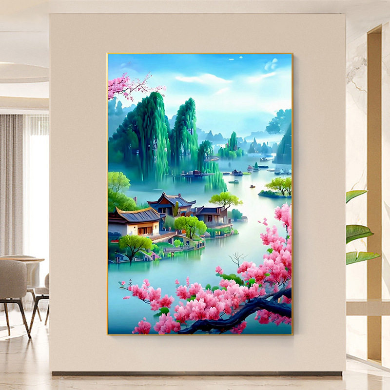 KS色系新款客厅卧室玄关竖版山水桃花源风景画手工自贴满绣钻石画