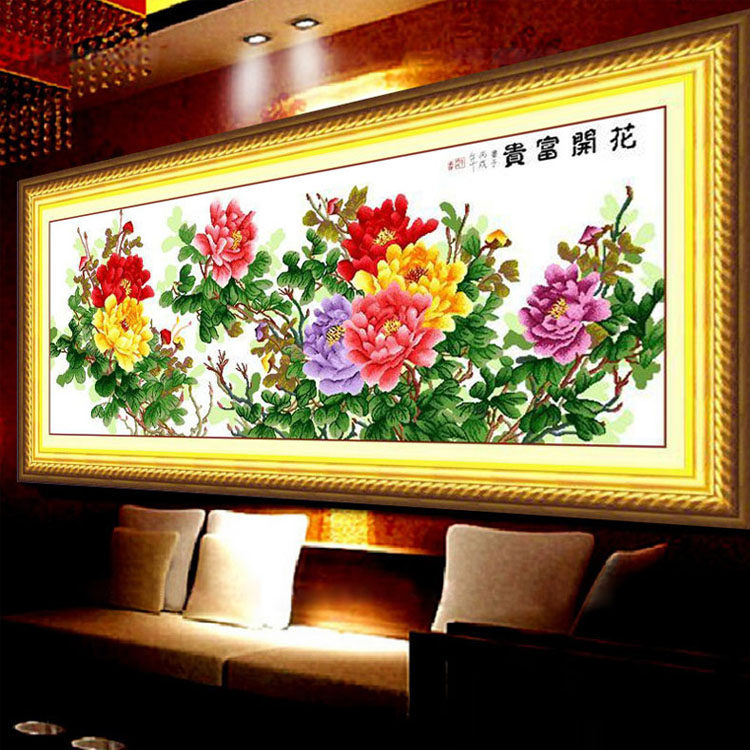 KS色系新款客厅大幅花开富贵紫气东来六尺牡丹开店手工印花十字绣