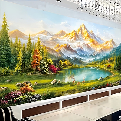 KS色系新款客厅大幅山水风景画背靠金山流水生财聚宝盆满绣十字绣