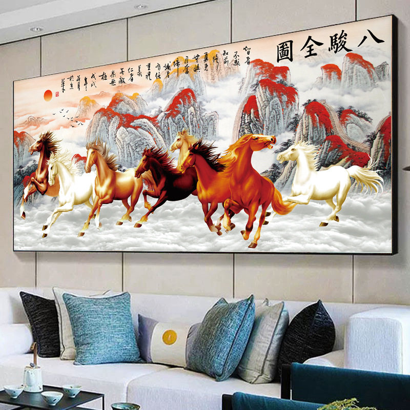 KS色系新款客厅大幅八骏全图鸿运当头马到成功动物满绣印花十字绣