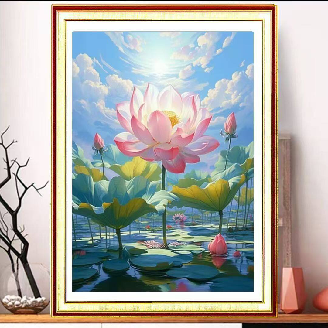KS色系新款客厅玄关竖版唯美风景夏日荷花手工治愈自绣满绣十字绣