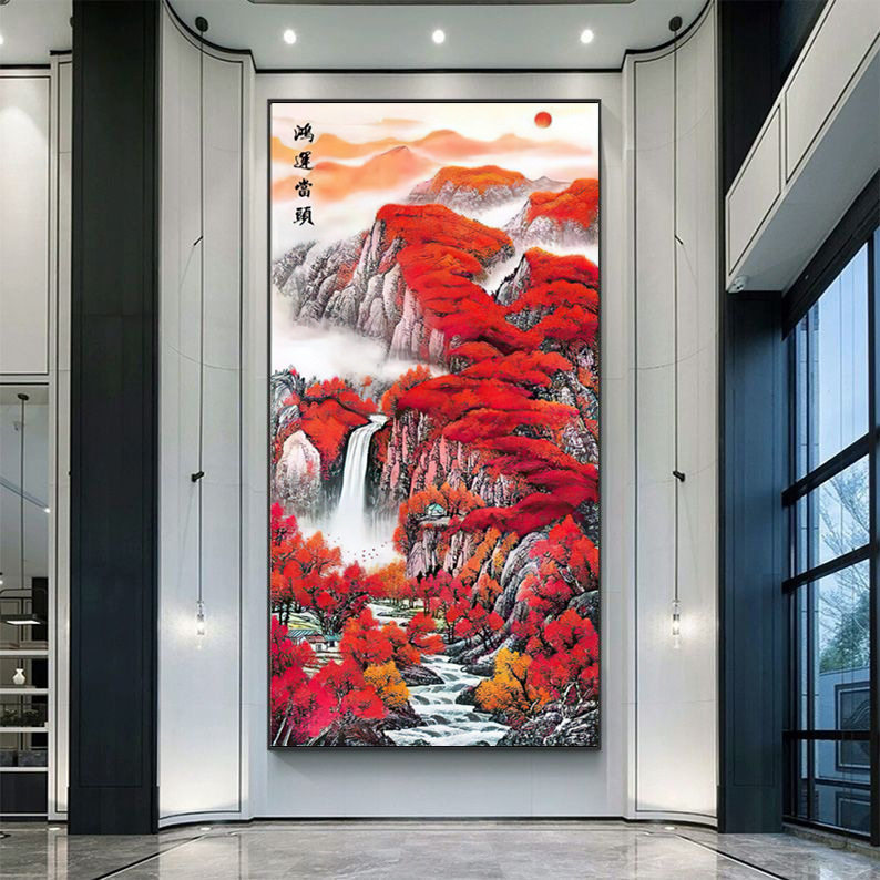 KS色系新款客厅风景玄关竖版鸿运当头大格棉线四股满绣印花十字绣