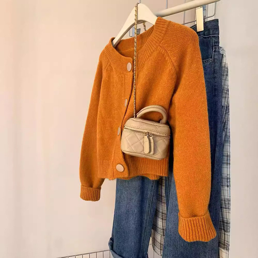 南瓜橘色毛衣外套女冬季外穿感慵懒软糯针织开衫加厚短款上衣