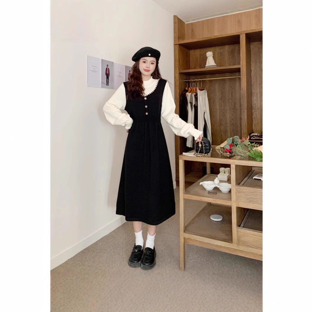 大码女装赫本风假两件针织连衣裙春秋内搭打底裙胖MM垂感a字裙子