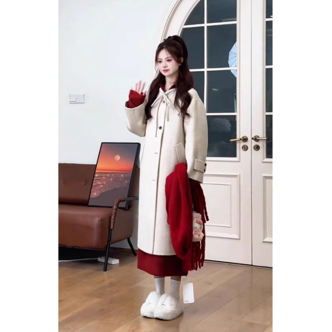 温柔休闲慵懒套装女秋冬新款宽松连帽针织连衣裙中长款大衣两件套