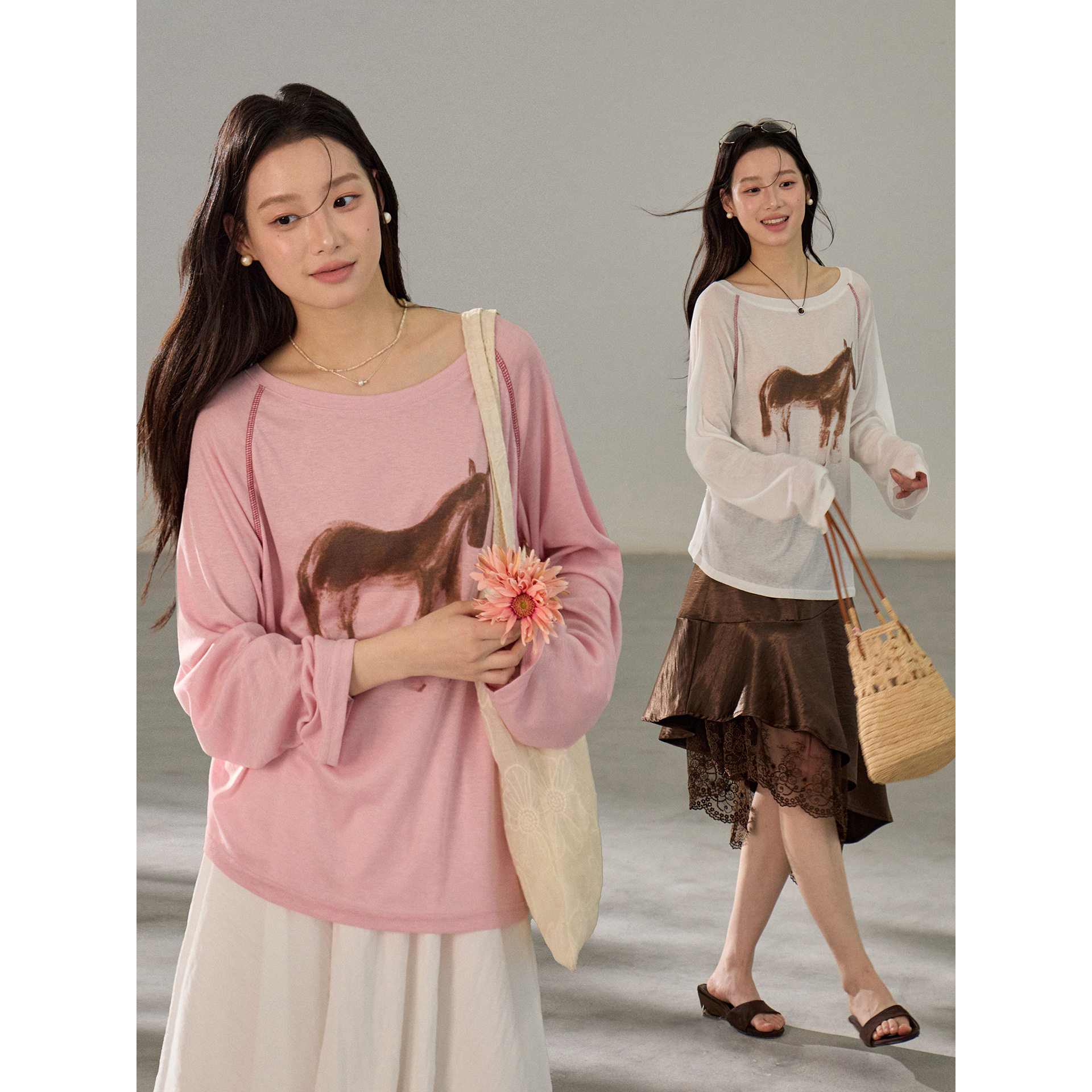 【歌铭】韩系通勤天丝小马印花插肩t恤女装春季新款长袖上衣BG017