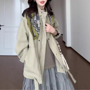 2026韩系设计感立领风衣短外套女宽松显瘦百搭时尚 绿色夹克上衣潮