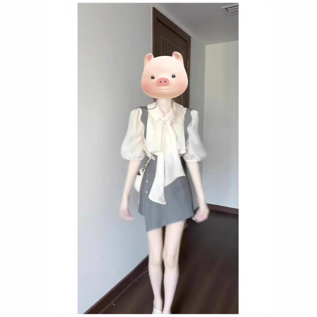 气质御姐穿搭一整套女夏季感蝴蝶结衬衫高腰背带裤裙两件套装