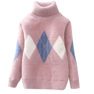 女童毛衣加绒加厚套头秋冬新款高领水貂绒打底衫仿貂绒中大童