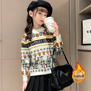 女童毛衣圆领套头加绒加厚儿童秋冬针织衫中大童打底衫低领男童