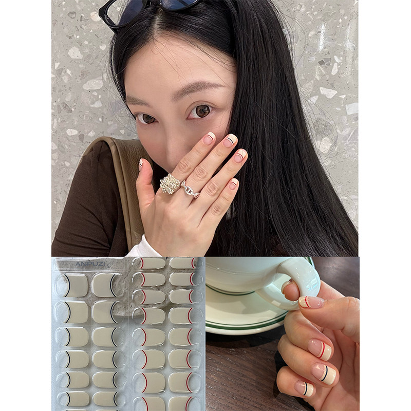 ANPUZI小红书同款半烤凝胶美甲贴照灯光疗防水持久细线法式PU0073