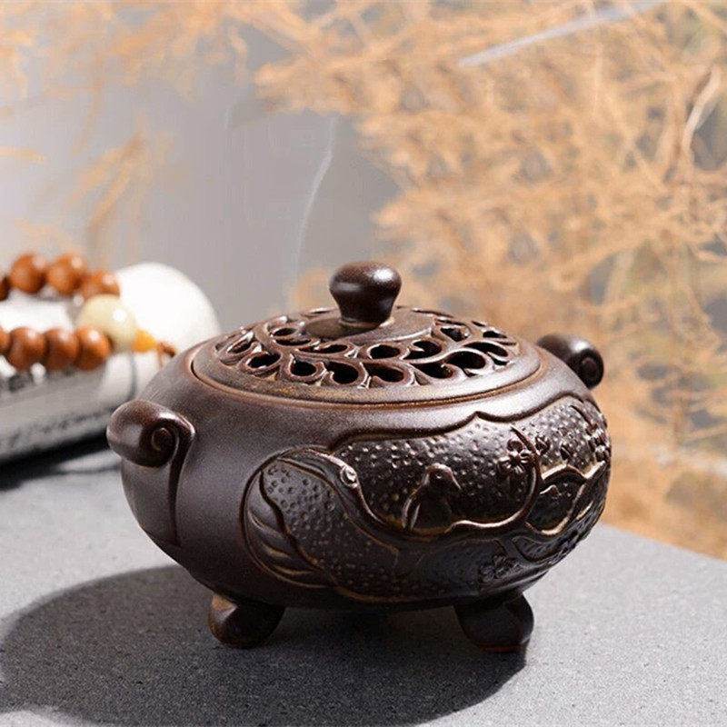 仿古盘香薰炉窑变双耳三足紫砂净化空气驱蚊虫陶瓷复古创意摆件